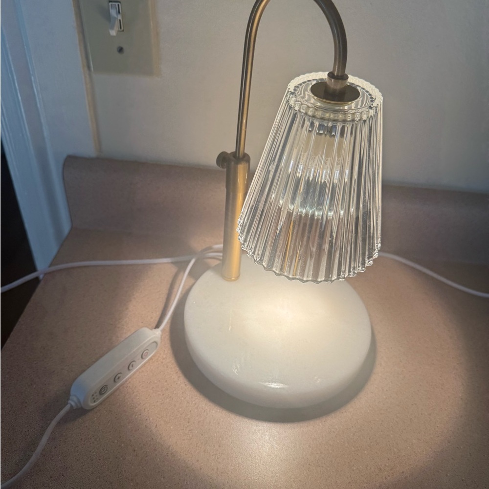 Elegant White and Gold Table Lamp with Glass Shade - Candle Warmer